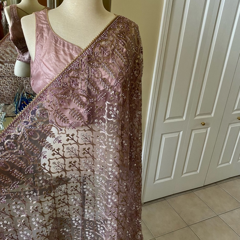 Dusky rose Pink Embroidered Sari  stone crystals